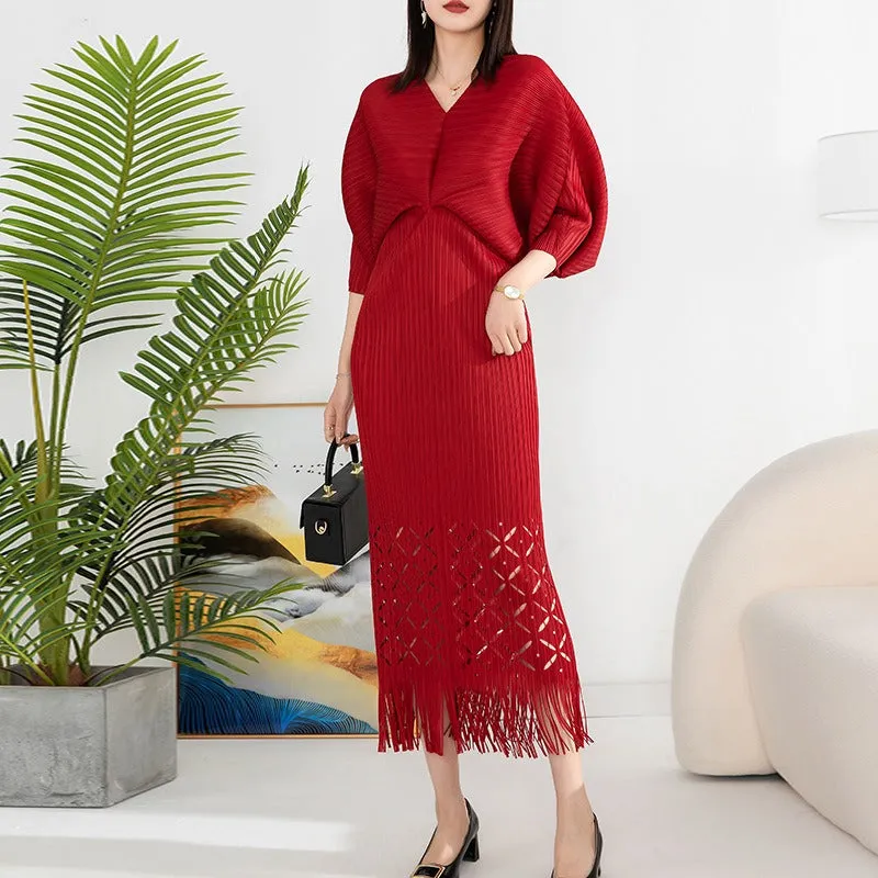 Miyake Pleated Batwing Sleeve Tassel Maxi Dress