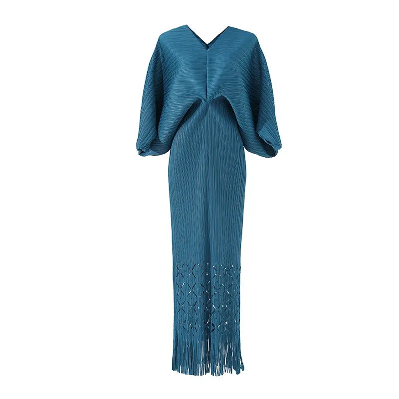 Miyake Pleated Batwing Sleeve Tassel Maxi Dress