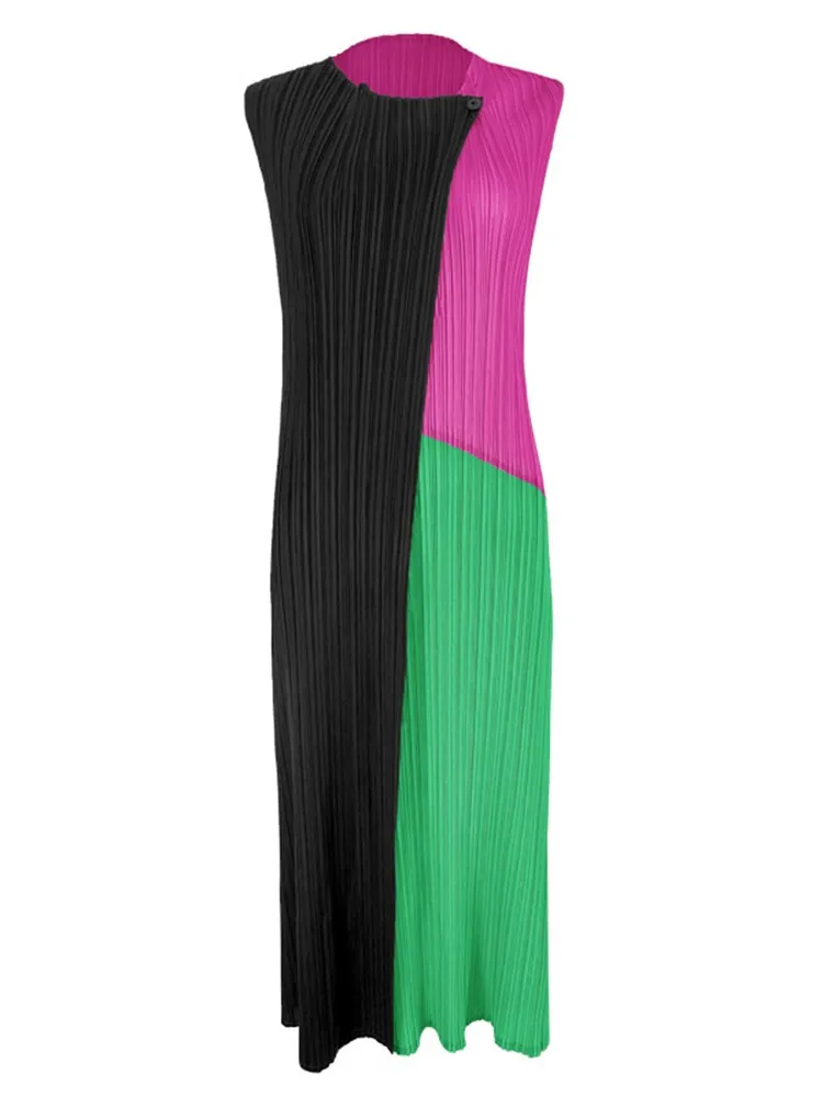 Miyake Pleated Color Block Irregular Midi Dress