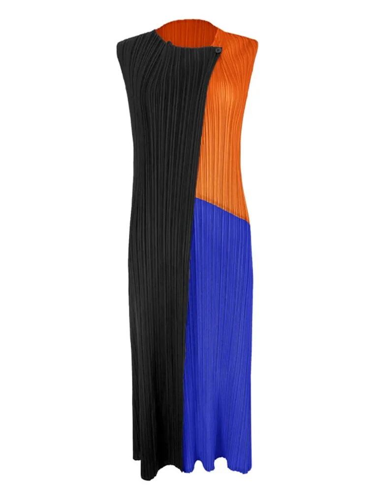 Miyake Pleated Color Block Irregular Midi Dress