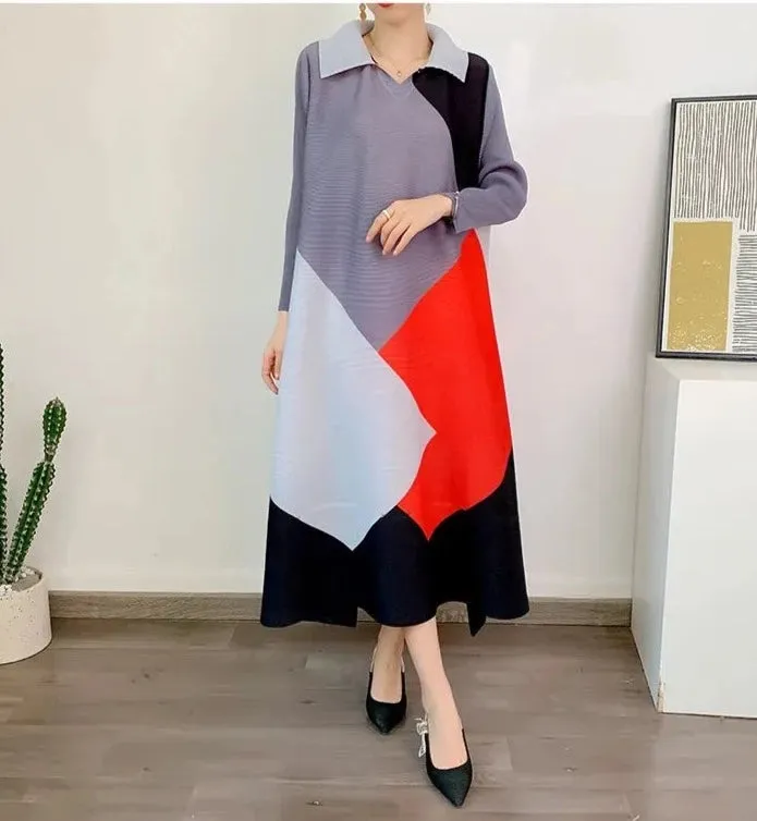 Miyake Pleated Color Block Lapel Collar Midi Dress