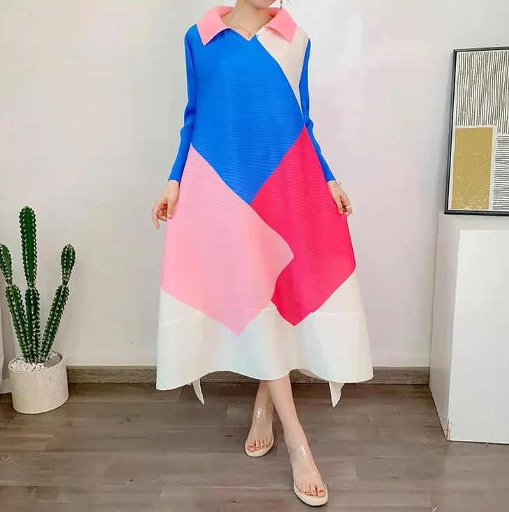 Miyake Pleated Color Block Lapel Collar Midi Dress