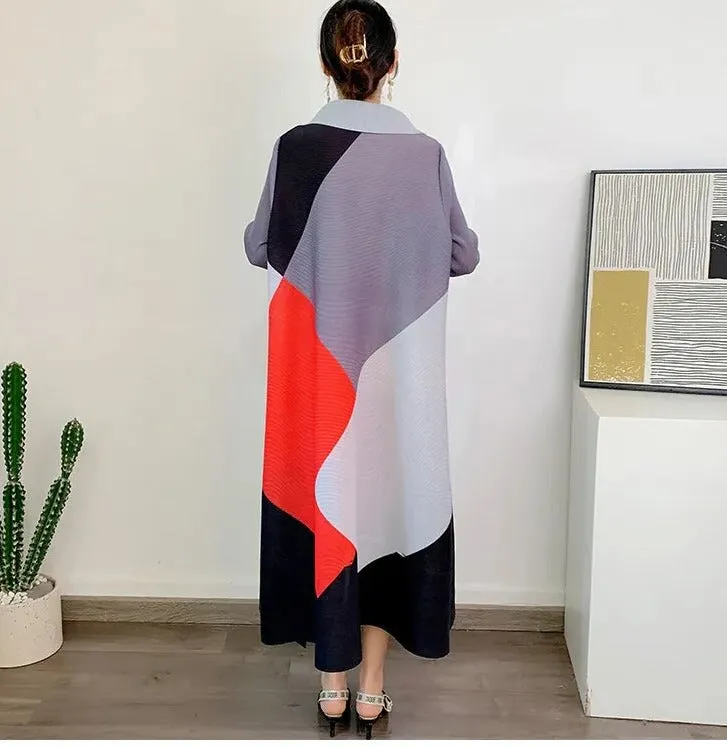 Miyake Pleated Color Block Lapel Collar Midi Dress