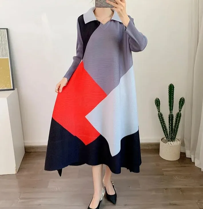 Miyake Pleated Color Block Lapel Collar Midi Dress