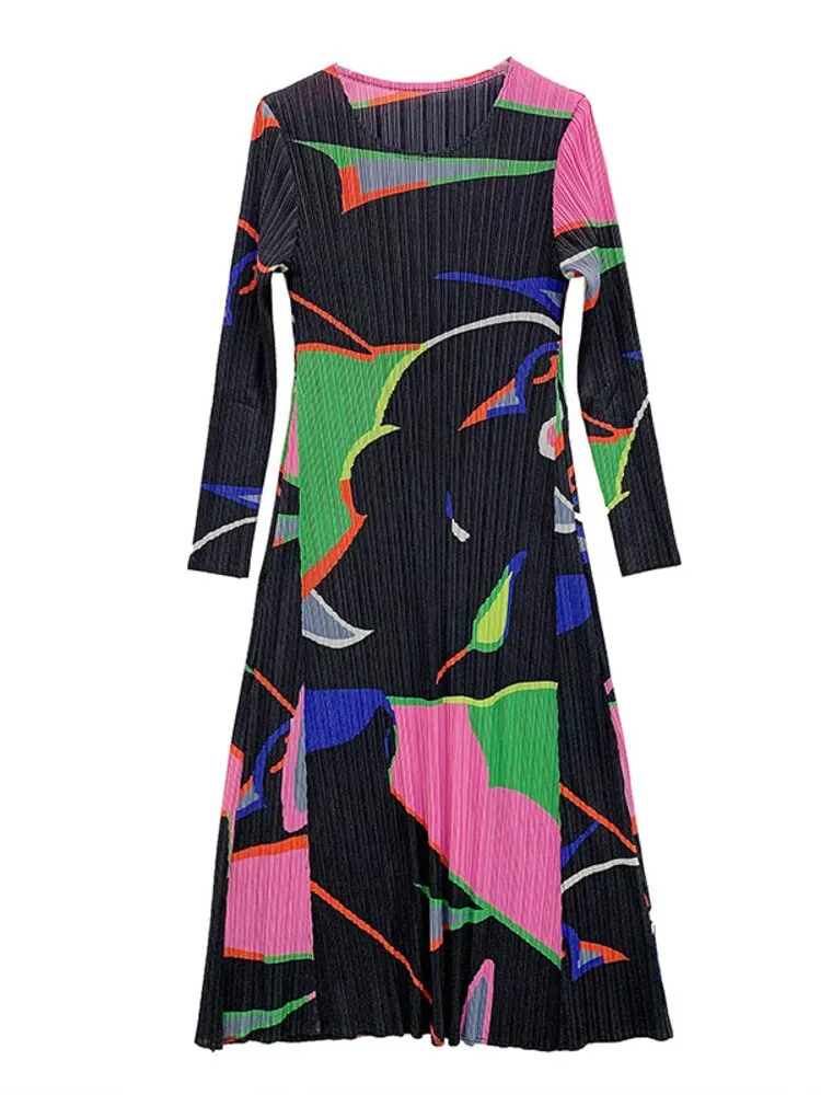 Miyake Pleated Color Block Long Sleeves Midi Dress