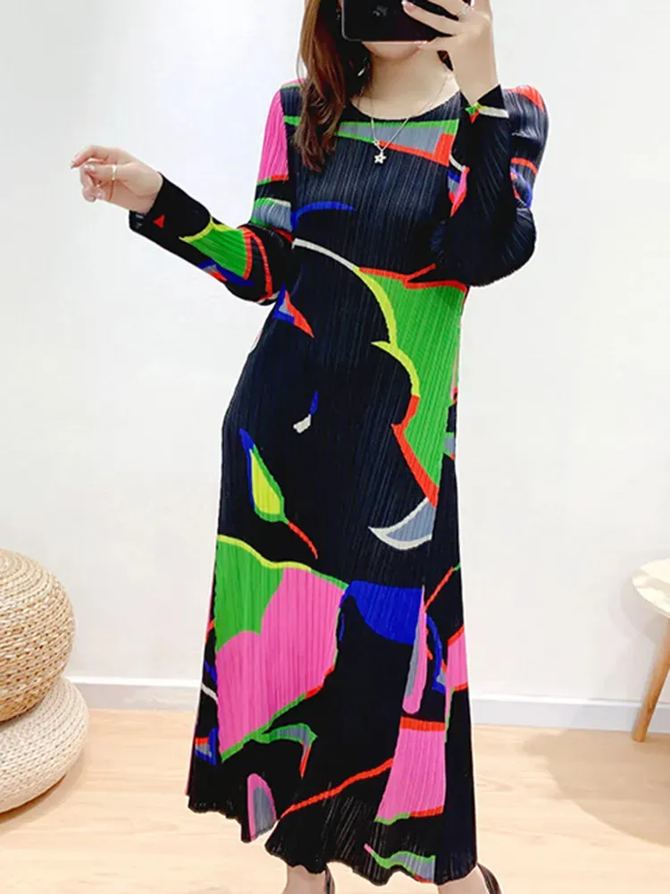 Miyake Pleated Color Block Long Sleeves Midi Dress