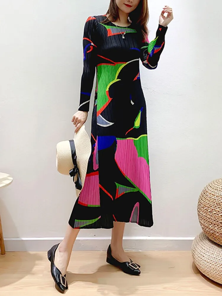 Miyake Pleated Color Block Long Sleeves Midi Dress