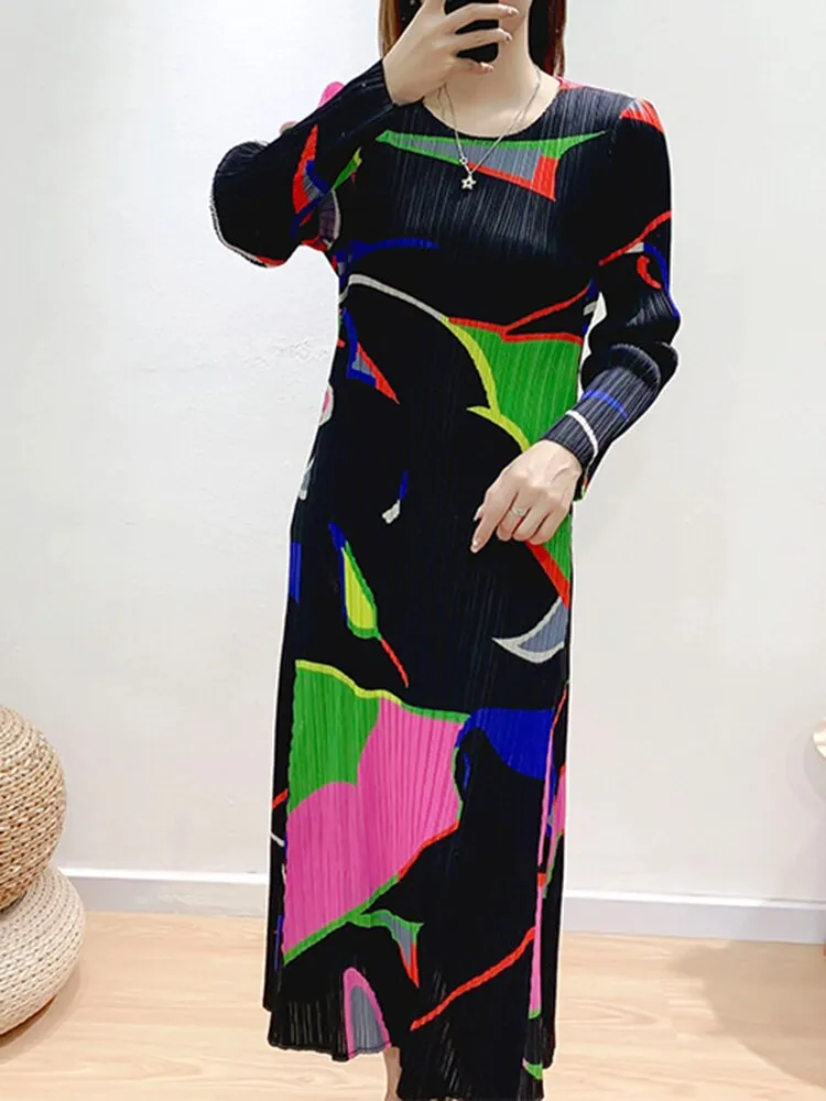 Miyake Pleated Color Block Long Sleeves Midi Dress