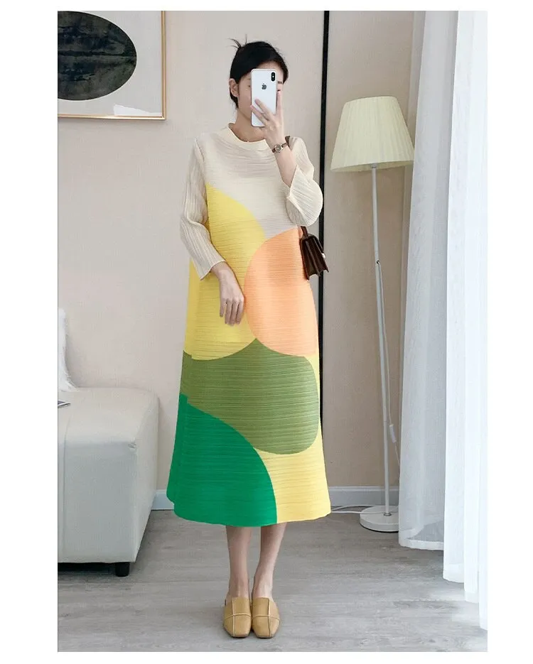 Miyake Pleated Color Block Turtleneck Midi Dress