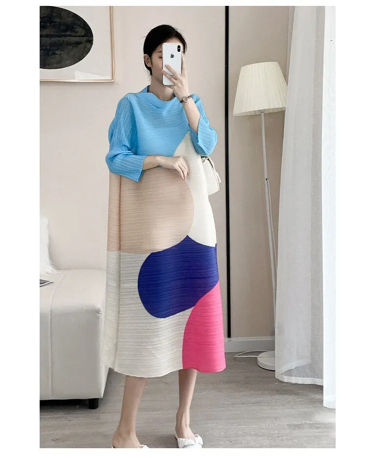 Miyake Pleated Color Block Turtleneck Midi Dress