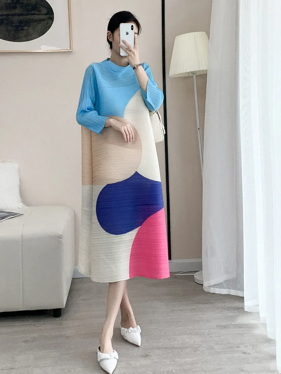 Miyake Pleated Color Block Turtleneck Midi Dress