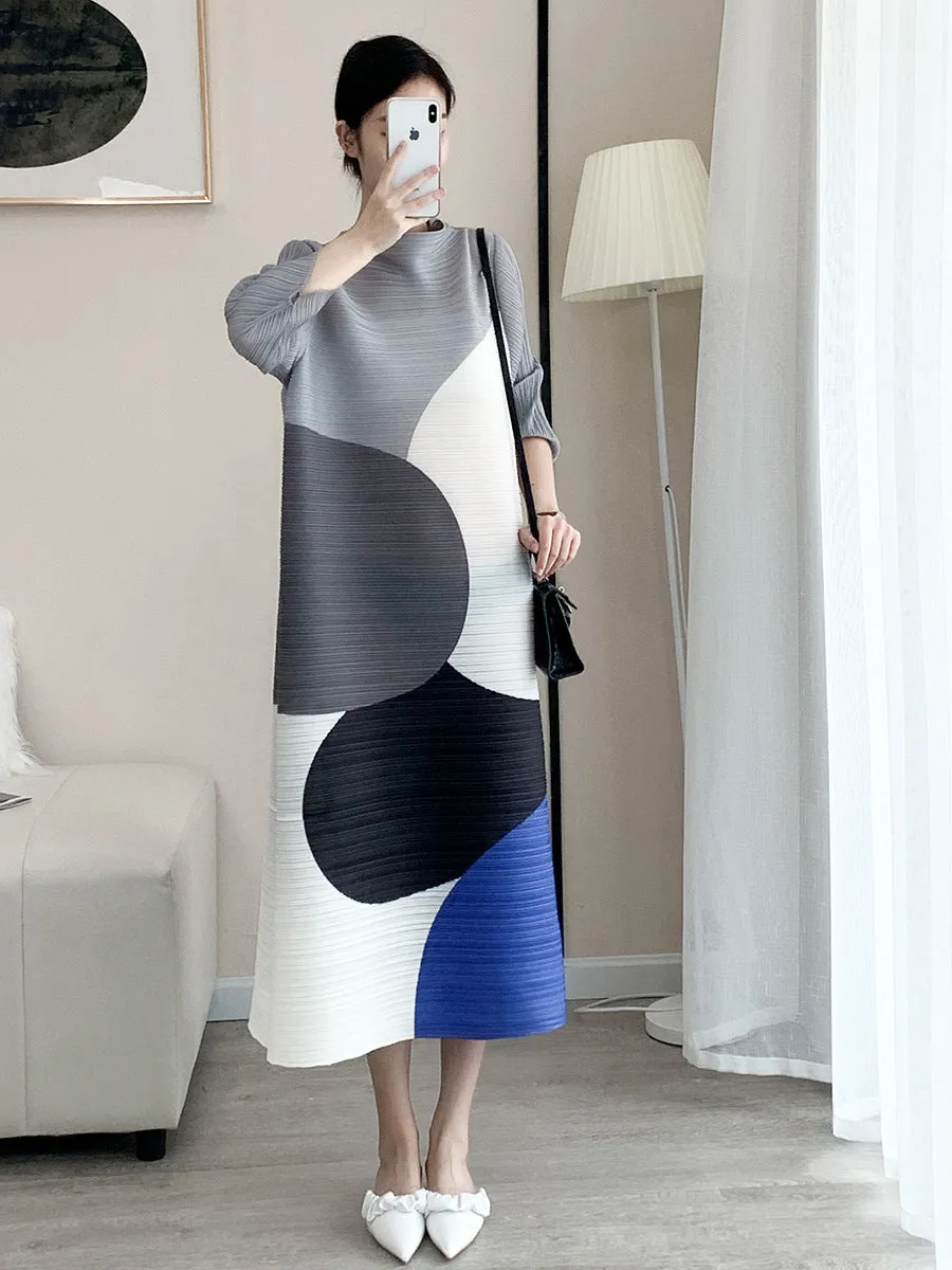 Miyake Pleated Color Block Turtleneck Midi Dress