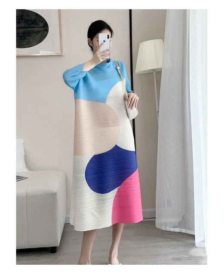 Miyake Pleated Color Block Turtleneck Midi Dress