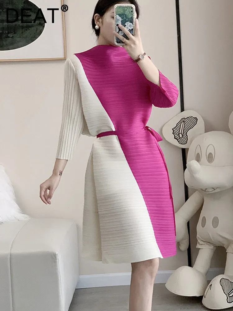 Miyake Pleated Contrast Half High Collar Dress with Belt