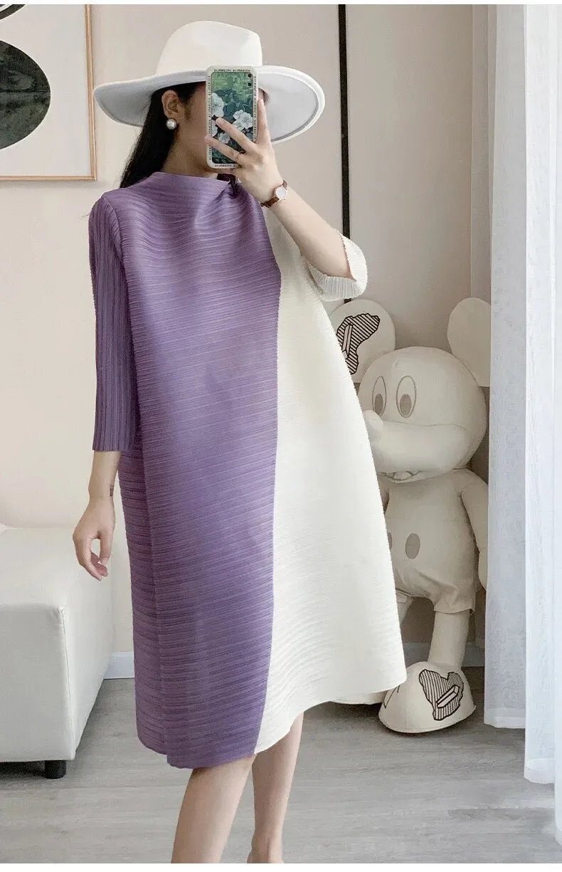 Miyake Pleated Contrast Half High Collar Dress with Belt