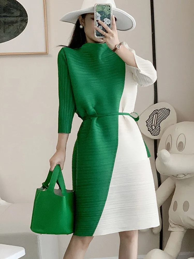 Miyake Pleated Contrast Half High Collar Dress with Belt