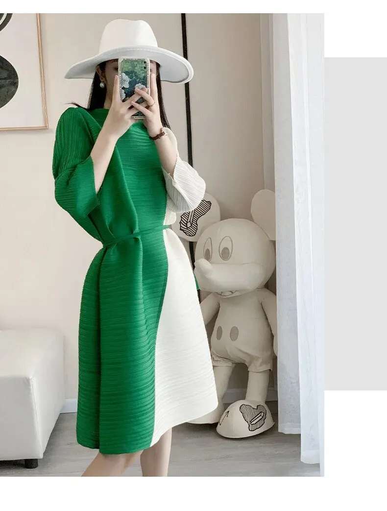 Miyake Pleated Contrast Half High Collar Dress with Belt