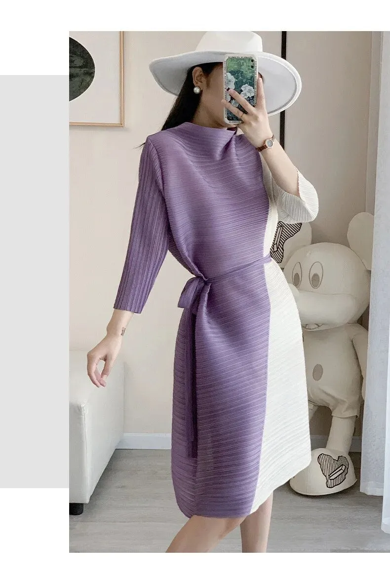 Miyake Pleated Contrast Half High Collar Dress with Belt