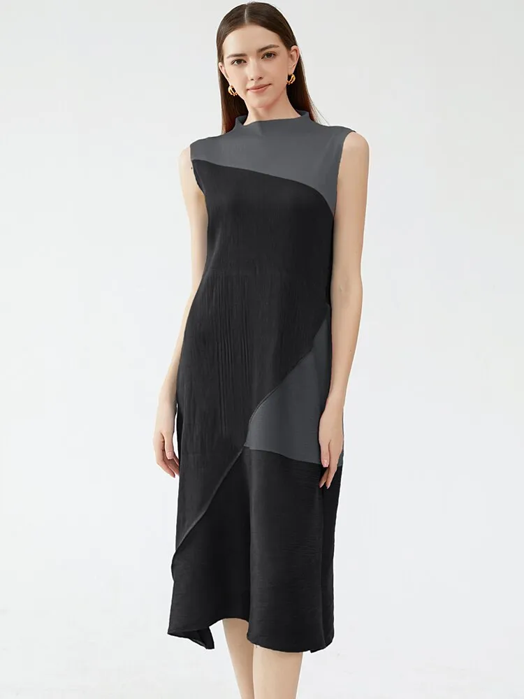 Miyake Pleated Contrast Irregular Spliced Midi Dress