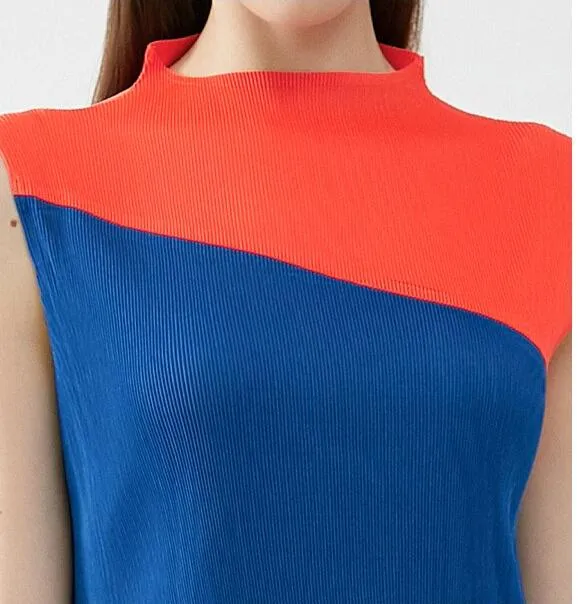 Miyake Pleated Contrast Irregular Spliced Midi Dress