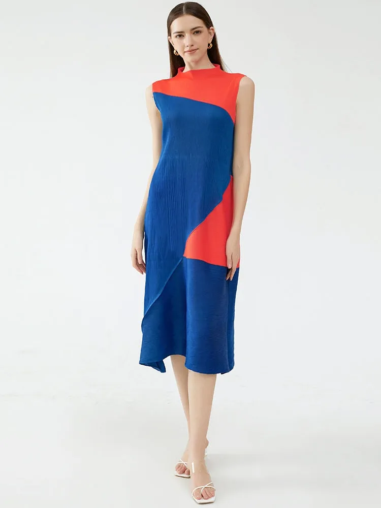 Miyake Pleated Contrast Irregular Spliced Midi Dress