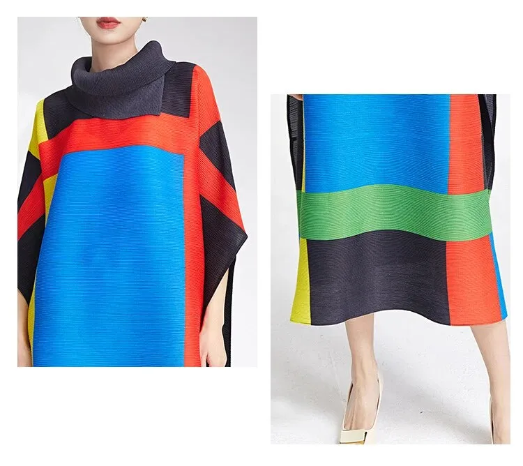 Miyake Pleated Contrast Turtleneck Midi Dress