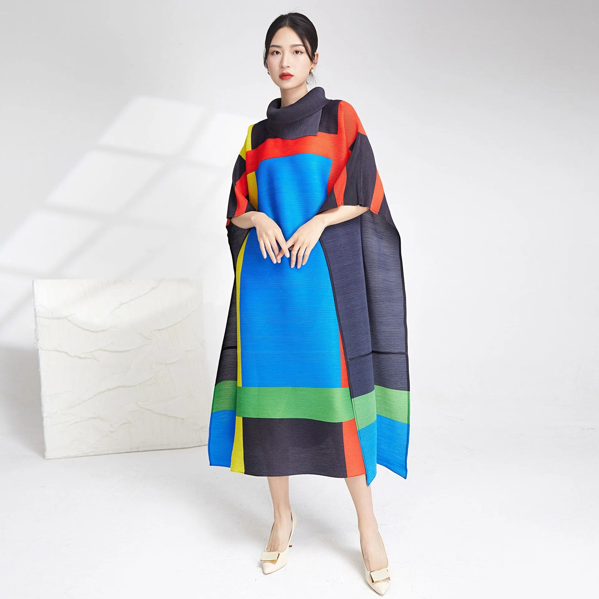 Miyake Pleated Contrast Turtleneck Midi Dress