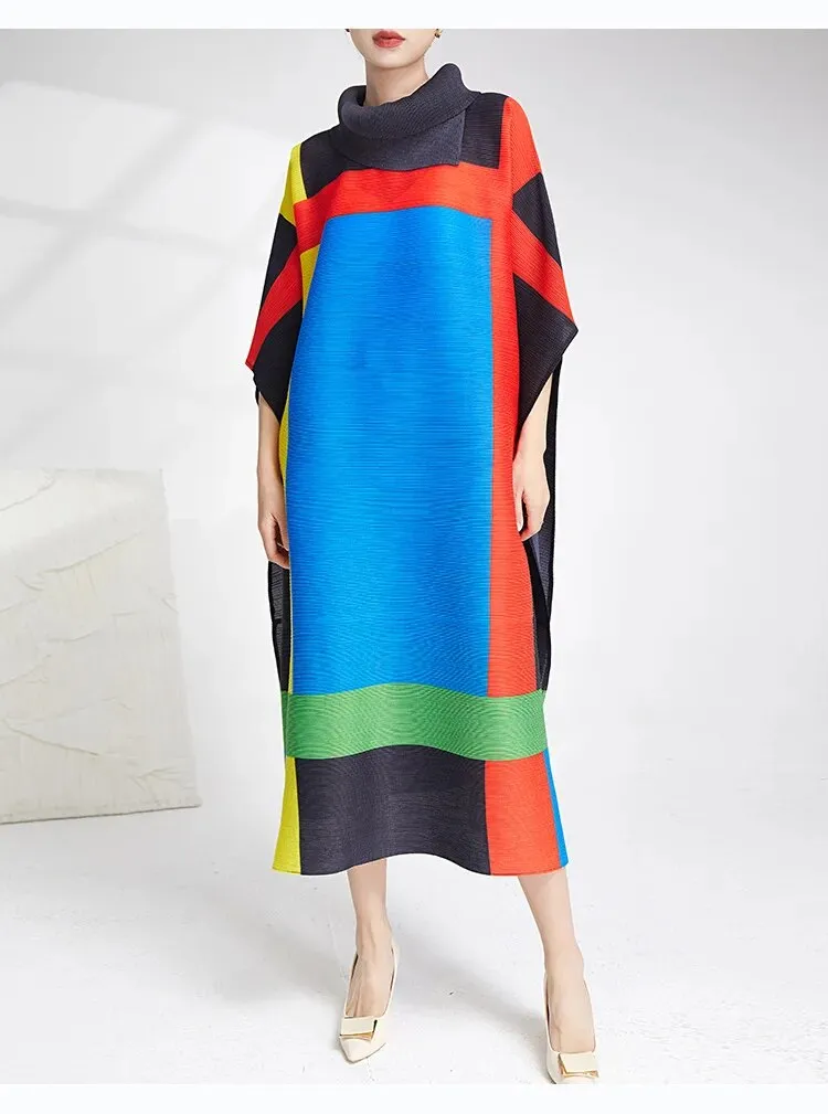 Miyake Pleated Contrast Turtleneck Midi Dress