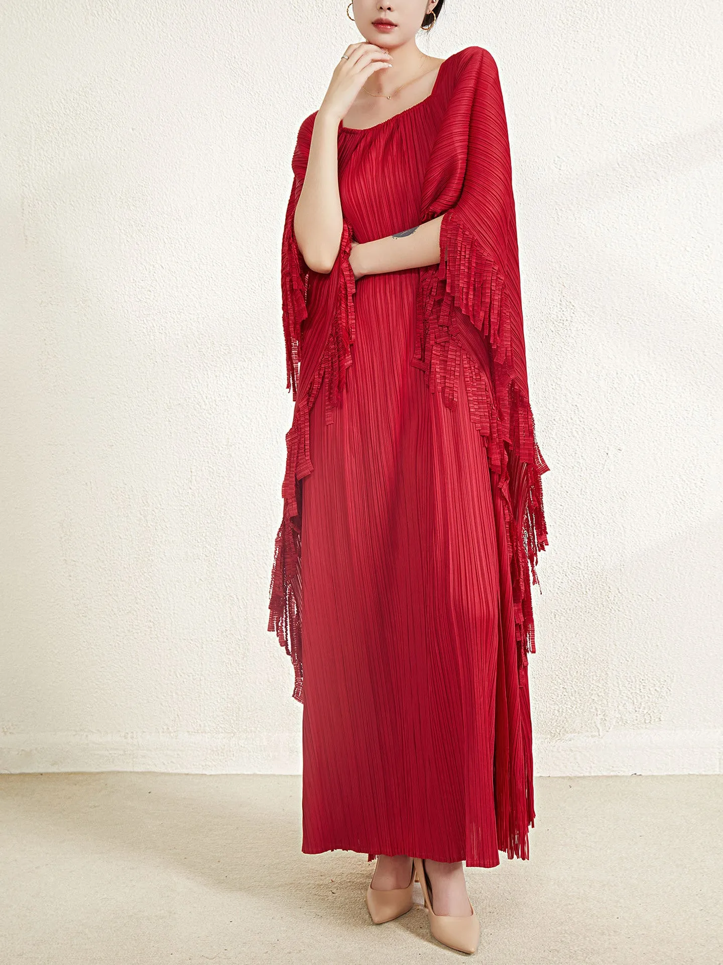 Miyake Pleated Flare Sleeves Maxi Dress with Fringe Detail