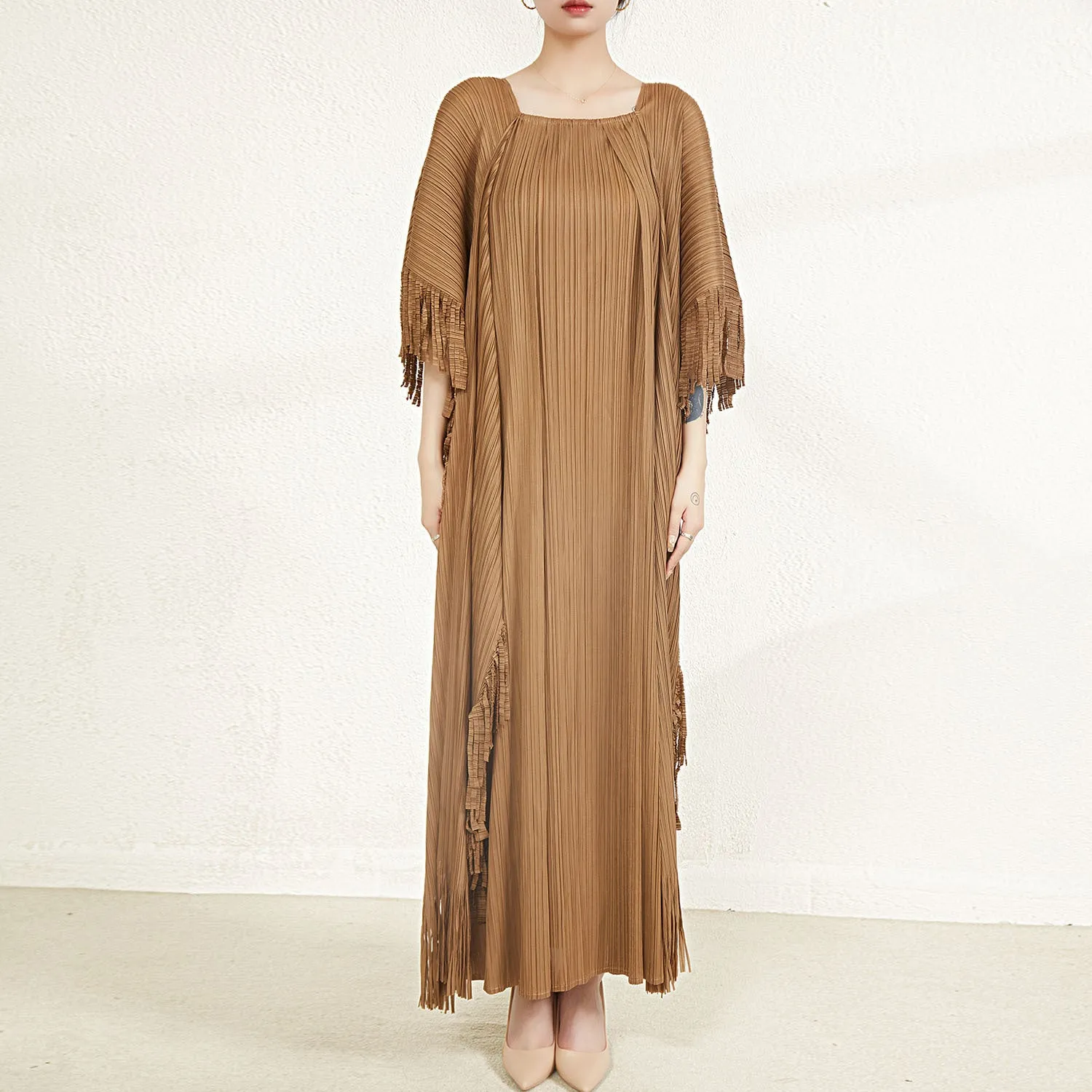 Miyake Pleated Flare Sleeves Maxi Dress with Fringe Detail