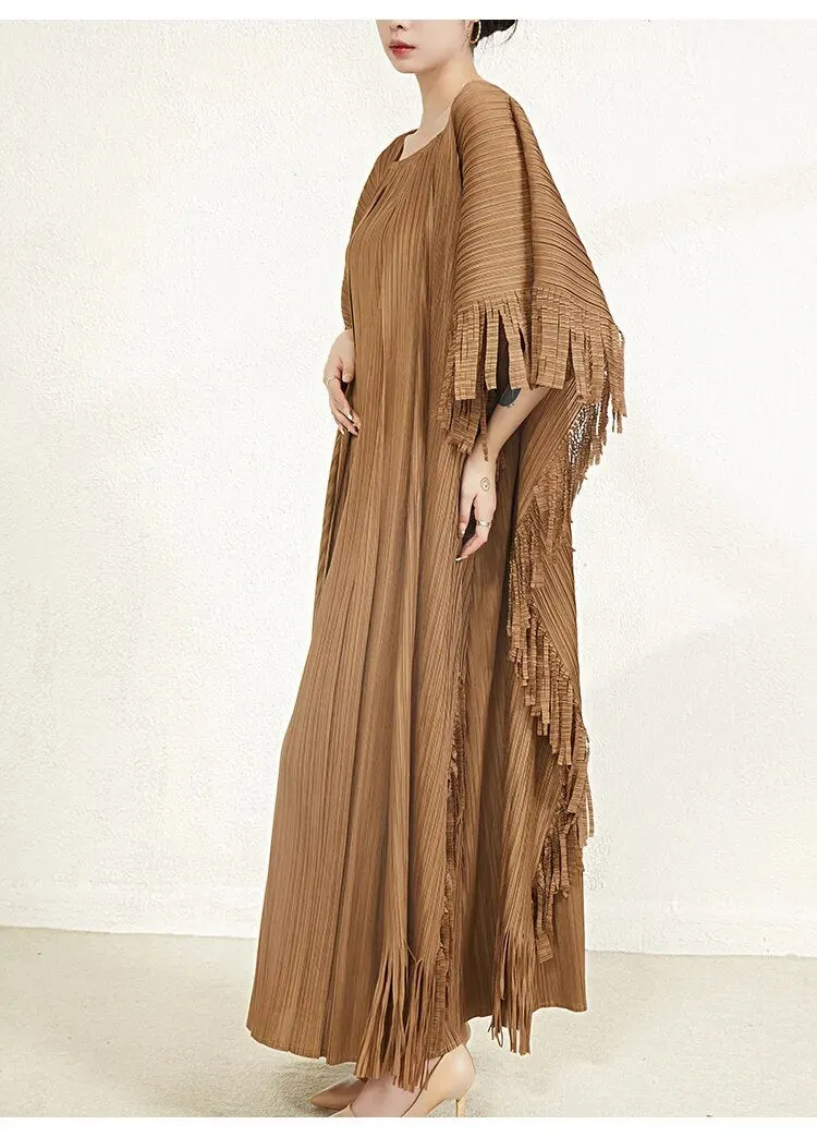 Miyake Pleated Flare Sleeves Maxi Dress with Fringe Detail