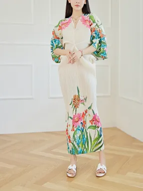 Miyake Pleated Floral Batwing Sleeve Dress