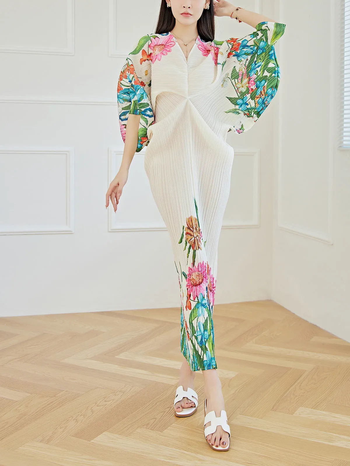 Miyake Pleated Floral Batwing Sleeve Dress