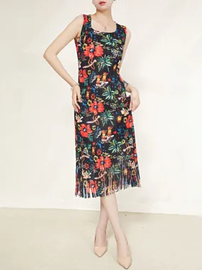 Miyake Pleated Floral Print Fringe Hem Dress