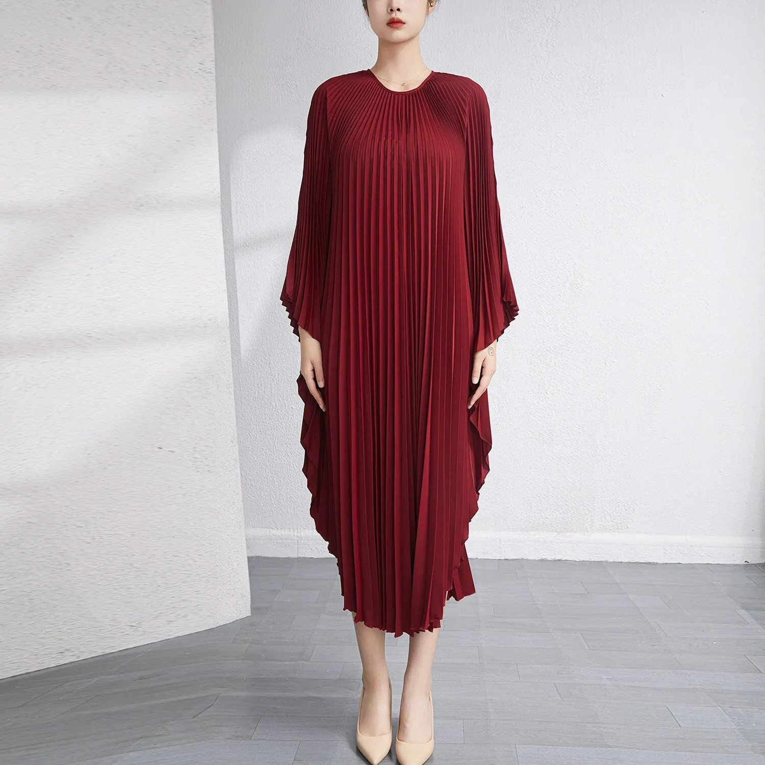 Miyake Pleated Irregular Flare Sleeve Midi Dress