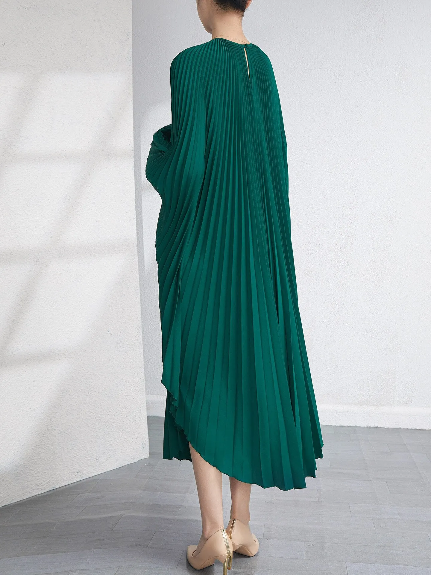 Miyake Pleated Irregular Flare Sleeve Midi Dress