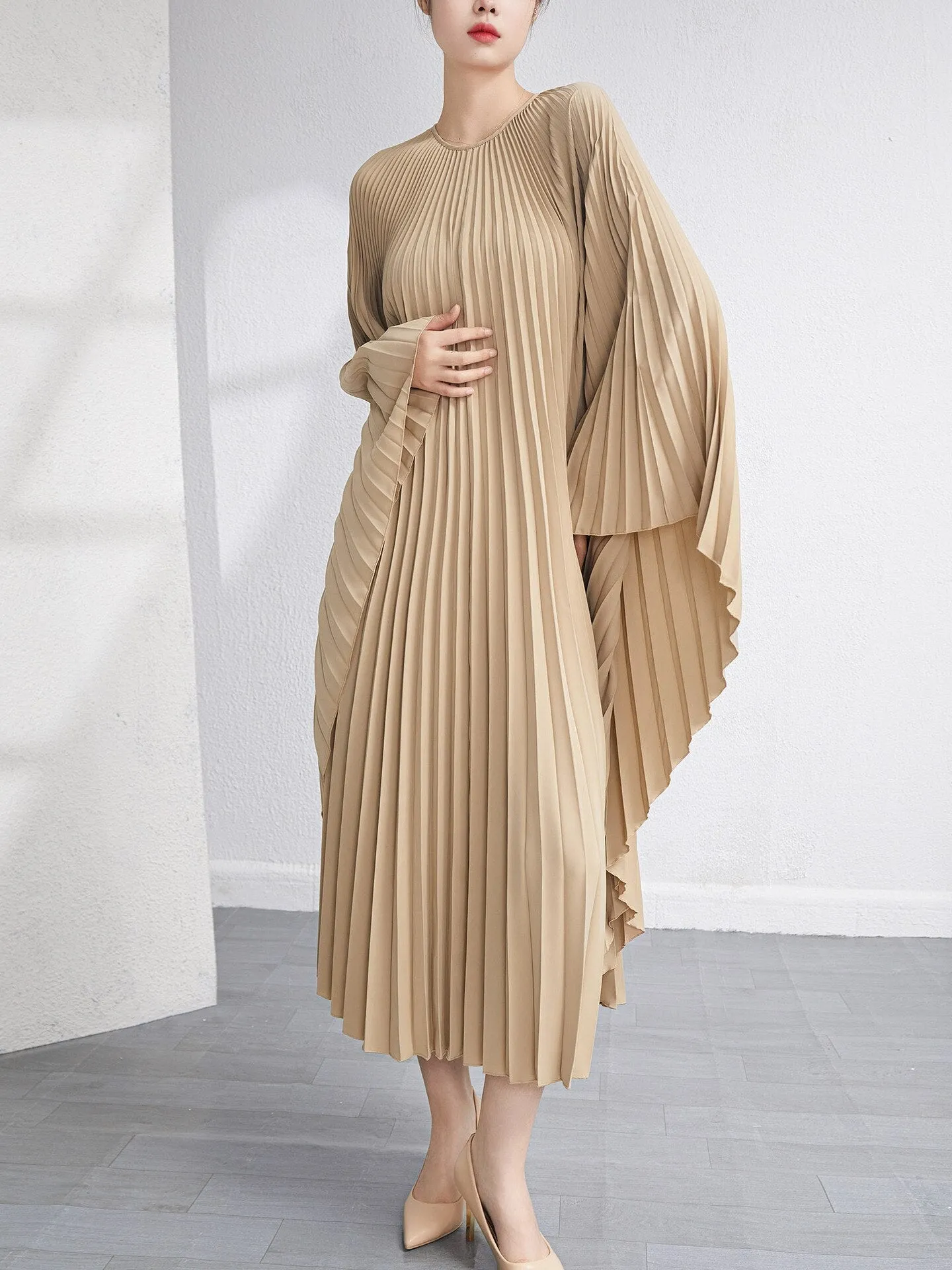 Miyake Pleated Irregular Flare Sleeve Midi Dress