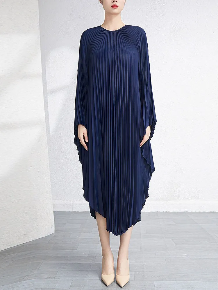 Miyake Pleated Irregular Flare Sleeve Midi Dress