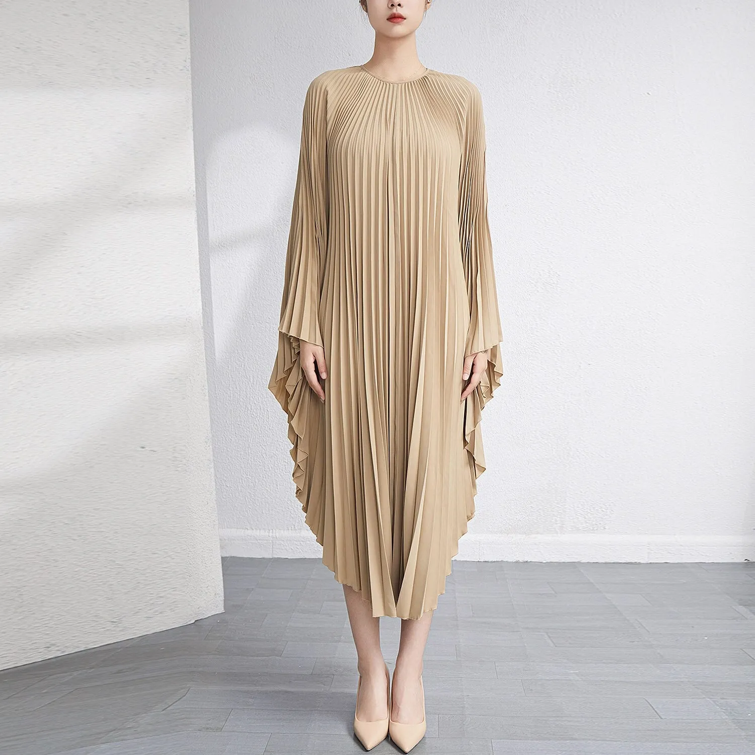 Miyake Pleated Irregular Flare Sleeve Midi Dress