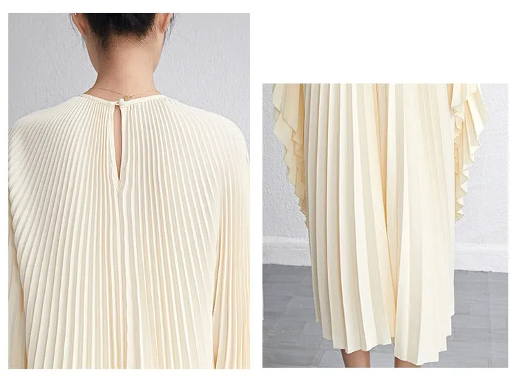 Miyake Pleated Irregular Flare Sleeve Midi Dress