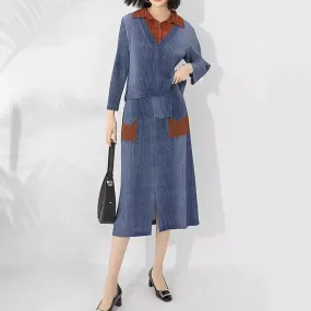 Miyake Pleated Long Sleeve Shirt and Midi Skirt Set