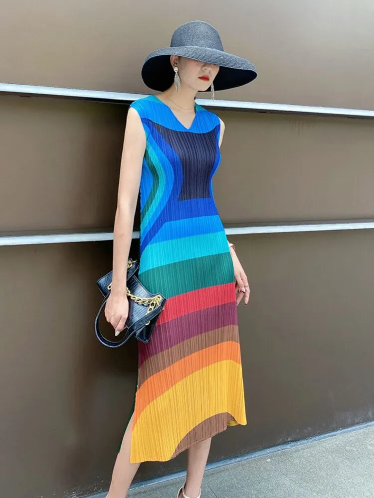 Miyake Pleated Multicolor Sleeveless Midi Dress