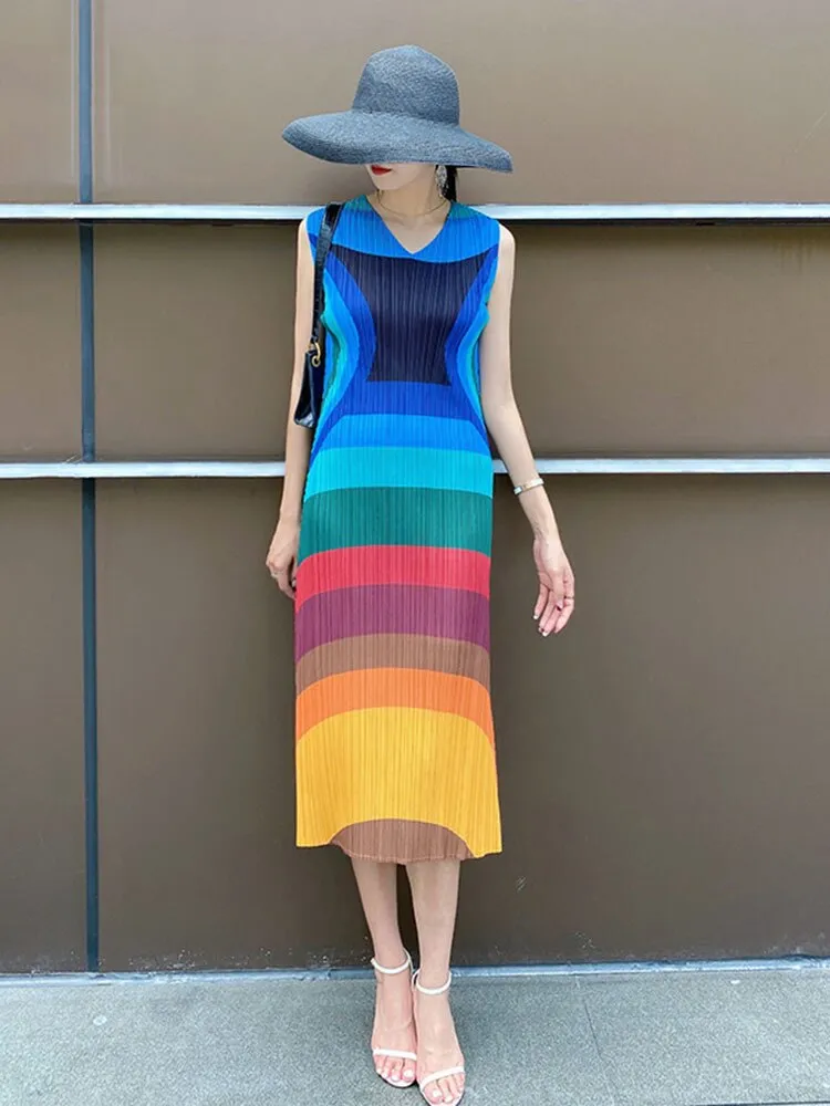 Miyake Pleated Multicolor Sleeveless Midi Dress