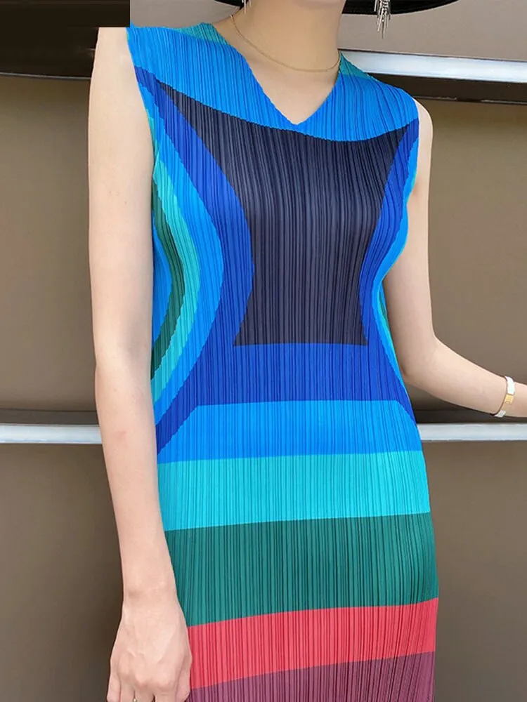 Miyake Pleated Multicolor Sleeveless Midi Dress