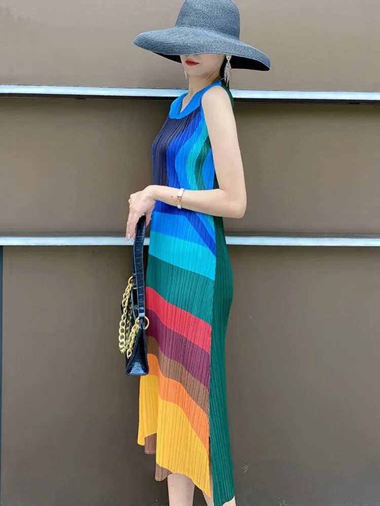 Miyake Pleated Multicolor Sleeveless Midi Dress