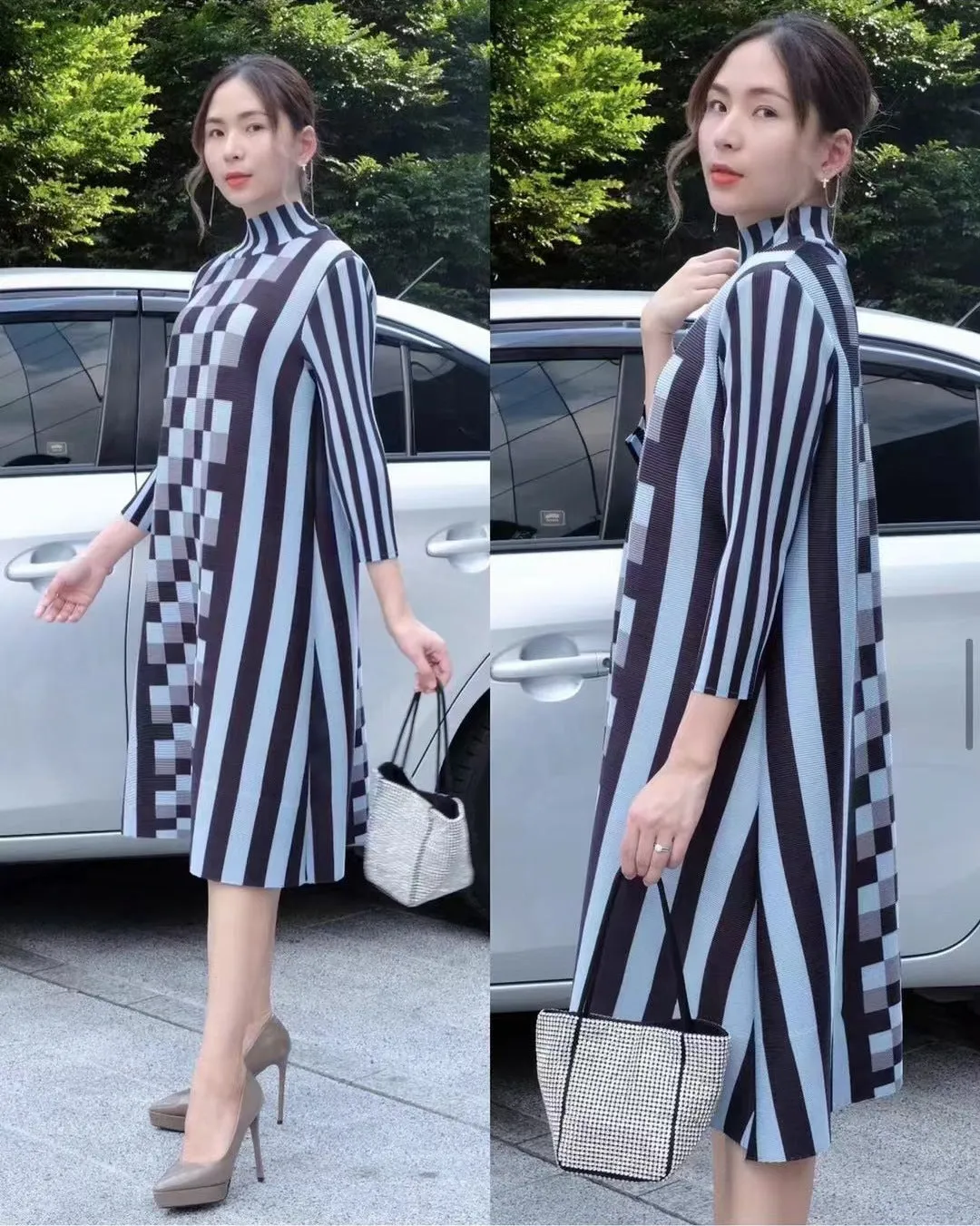 Miyake Pleated Plaid O-Neck Midi Dress