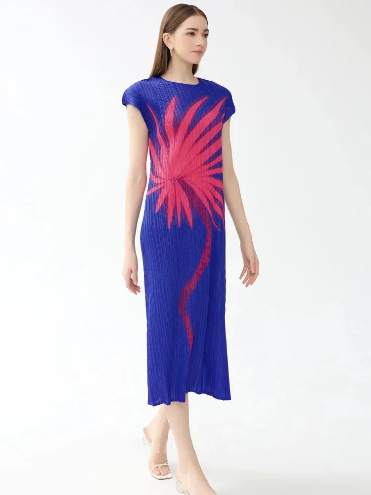 Miyake Pleated Printed Dolman Sleeve Midi Dress