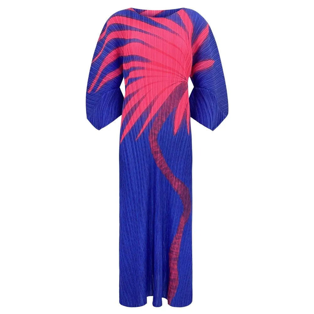 Miyake Pleated Printed Dolman Sleeve Midi Dress