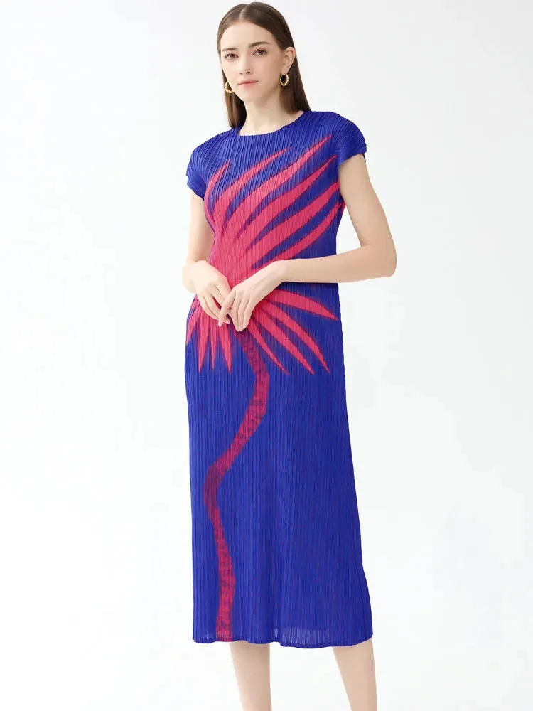 Miyake Pleated Printed Dolman Sleeve Midi Dress