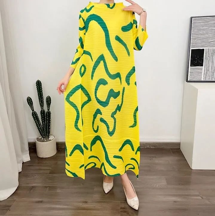 Miyake Pleated Printed O-Neck Maxi Dress